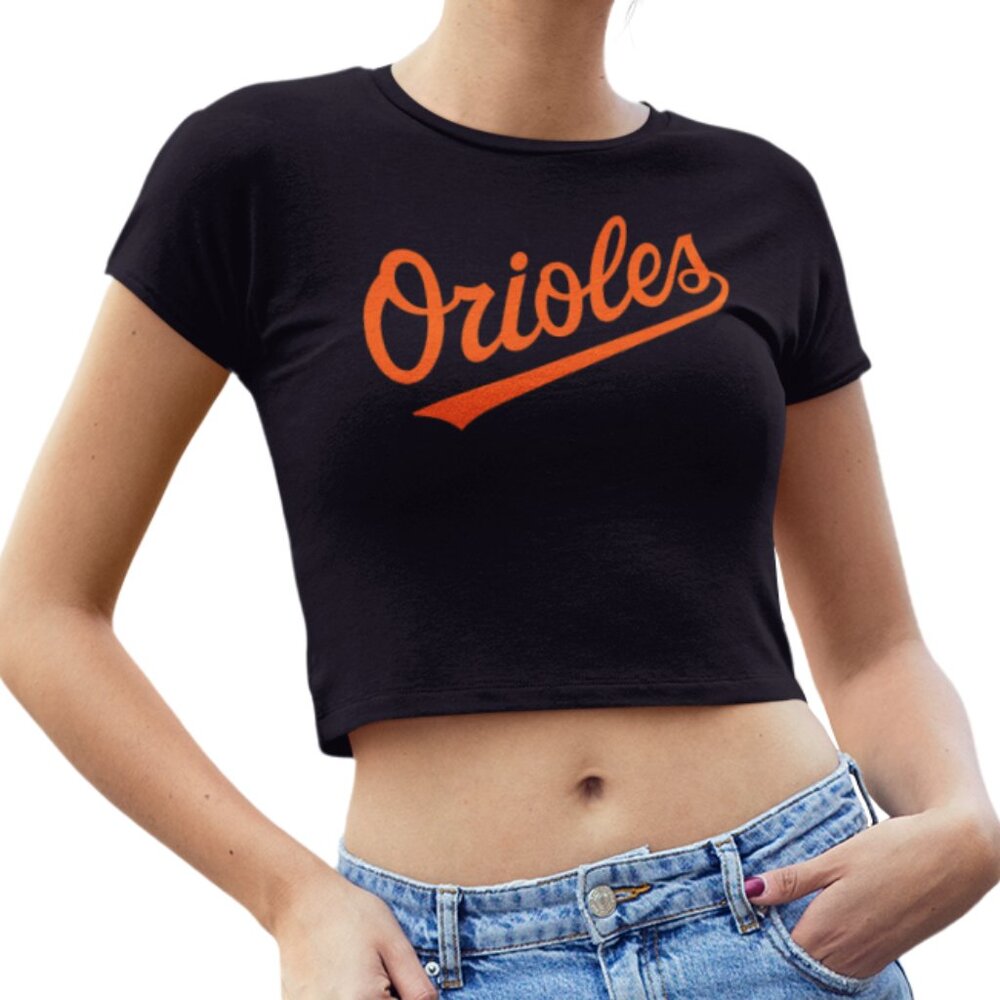 NEW Baltimore Orioles Script Team Color Pop Form Fit Crop Top Shirt BLACK